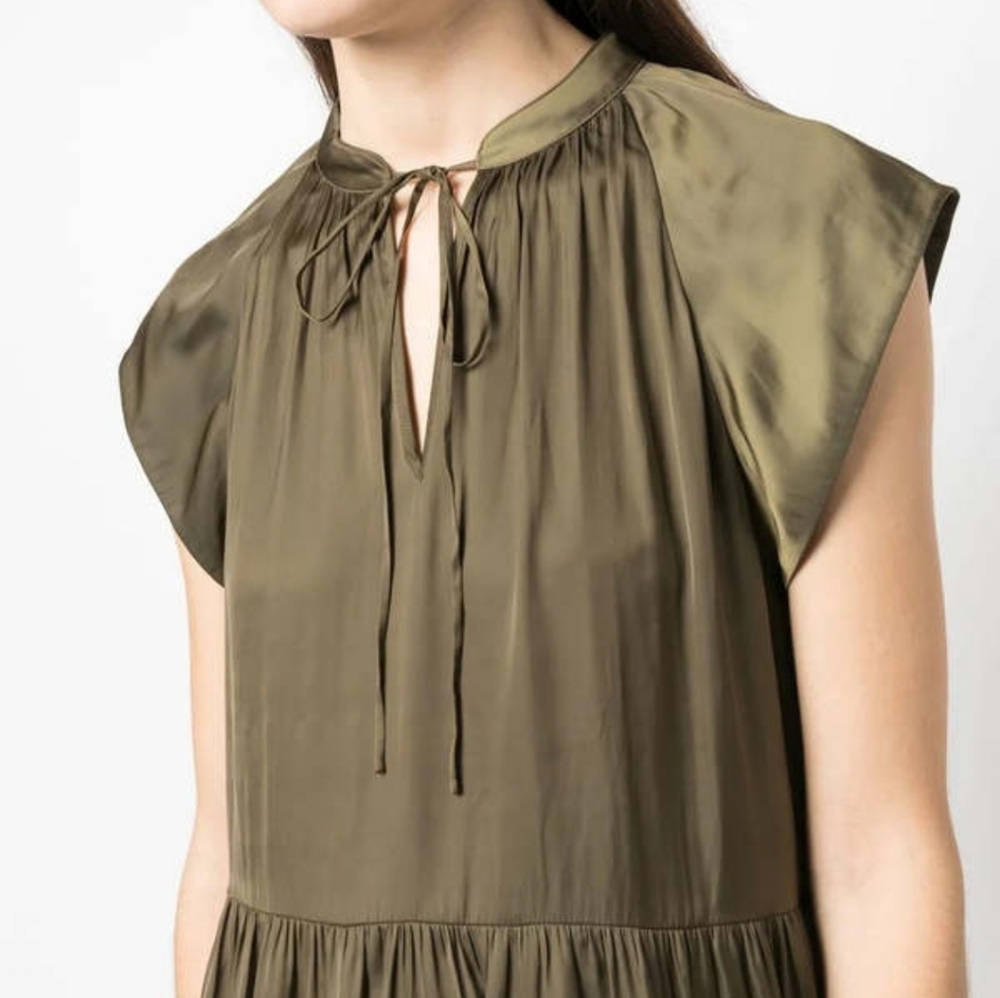 Zadug & Voltaire Rito Tiered Satin Olive Green Flutter Sleeve Dress - Picture 3 of 15